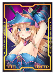 Rule 34 | 1girl, armpits, arms up, bare shoulders, blonde hair, blue eyes, blue leotard, blush stickers, breasts, chain, choker, cleavage, dark magician girl, duel monster, hat, highres, large breasts, leotard, magical girl, open mouth, pentacle, restrained, solo, staryume, wizard hat, yu-gi-oh!, yu-gi-oh! duel monsters
