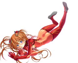 Rule 34 | 00s, 1girl, ass, blue eyes, blush, bodysuit, butt crack, downpants, flat chest, highres, legs, legs up, long hair, lying, multicolored clothes, neon genesis evangelion, on stomach, open mouth, orange hair, plugsuit, rebuild of evangelion, red bodysuit, sakuya tsuitachi, see-through, see-through bodysuit, shiny clothes, simple background, skin tight, solo, souryuu asuka langley, test plugsuit, twintails, very long hair, wide hips