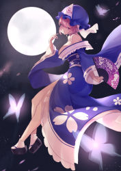 Rule 34 | 1girl, amano hagoromo, ass, blue hat, blue kimono, blue sash, breasts, bug, butterfly, dark background, floral print, from side, full body, full moon, hand fan, hand up, hat, highres, holding, holding fan, insect, japanese clothes, kimono, lace-trimmed sleeves, lace trim, large breasts, long sleeves, looking at viewer, mob cap, moon, off shoulder, open mouth, pink eyes, pink hair, saigyouji yuyuko, saigyouji yuyuko&#039;s fan design, sash, short hair, smile, socks, solo, touhou, triangular headpiece, white socks, wide sleeves