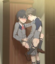 Rule 34 | 10s, 2boys, anal, black legwear, blue eyes, blush, bomhat, brown footwear, check commentary, closed eyes, clothes pull, commentary request, cum, darling in the franxx, hand on another&#039;s arm, hand on another&#039;s back, highres, hiro (darling in the franxx), holding legs, looking at another, male focus, male penetrated, military, military uniform, mitsuru (darling in the franxx), multiple boys, necktie, red neckwear, sex, shoes, shorts, shorts pull, socks, uniform, yaoi