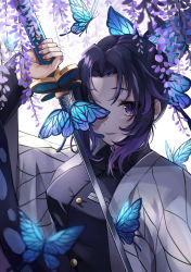 Rule 34 | 1girl, black background, black jacket, blurry, blurry foreground, bug, butterfly, butterfly hair ornament, flower, hair intakes, hair ornament, haori, highres, holding, holding sword, holding weapon, insect, jacket, japanese clothes, kimetsu no yaiba, kochou shinobu, long sleeves, looking at viewer, purple background, purple eyes, solo, sword, too many, too many butterflies, two-tone background, upper body, weapon, wisteria, yutoriko (candy0905)