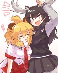 Rule 34 | 2girls, :d, absurdres, animal ears, antlers, arm around neck, arm up, big hair, black hair, blonde hair, breast pocket, brown eyes, closed eyes, extra ears, fur collar, fur scarf, furrowed brow, hair between eyes, head on chest, highres, horns, kemono friends, lion ears, lion tail, long hair, long sleeves, looking at viewer, medium hair, moose (kemono friends), moose ears, moose tail, multiple girls, necktie, open mouth, pocket, scarf, shirt, short sleeves, simple background, skirt, smile, squiggle, sweater, tail, tareme, tmtkn1, v-shaped eyebrows, white background