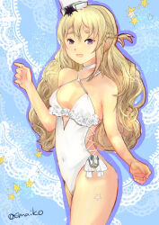 Rule 34 | 1girl, anchor ornament, blonde hair, braid, breasts, brown eyes, casual one-piece swimsuit, choker, cosplay, flower, french braid, frilled one-piece swimsuit, frills, hair flower, hair ornament, hairband, hat, imaiko, kantai collection, long hair, medium breasts, mini hat, one-piece swimsuit, sagiri (kancolle), sagiri (kancolle) (cosplay), side-tie swimsuit, solo, swimsuit, twitter username, wavy hair, white choker, white headwear, white one-piece swimsuit, zara (kancolle)