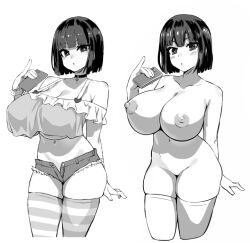 Rule 34 | 1girl, asanagi, black hair, breasts, cellphone, large breasts, monochrome, nipples, nude, phone, short hair, short shorts, shorts, snowbox, striped clothes, striped thighhighs, study, tagme, thick thighs, thighhighs, thighs
