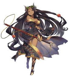 Rule 34 | 1girl, bare shoulders, black hair, breasts, circlet, cleavage, dark-skinned female, dark skin, full body, hair ornament, horns, japanese clothes, jewelry, katana, kimono, large breasts, long hair, neck ring, obi, off shoulder, original, parted bangs, pointy ears, red eyes, sash, shirabi, short kimono, sidelocks, simple background, smile, solo, standing, sword, very long hair, weapon, white background, wide sleeves