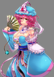 Rule 34 | 1girl, absurdres, adapted costume, bare shoulders, breasts, cleavage, detached sleeves, embellished costume, female focus, folding fan, hand fan, hat, highres, huge breasts, japanese clothes, mob cap, pink eyes, pink hair, saigyouji yuyuko, short hair, simple background, sleeves past wrists, smile, solo, touhou, unmoving pattern, wakura (gcdan)