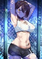 Rule 34 | 1girl, ;), ahoge, araimooah, armpits, arms up, azur lane, baltimore (after-school ace) (azur lane), baltimore (azur lane), baltimore (black ace) (azur lane), black choker, black hair, black shorts, blush, braid, breasts, chain-link fence, chest tattoo, choker, closed mouth, cowboy shot, dolphin shorts, fence, flower tattoo, hair between eyes, large breasts, looking at viewer, navel, one eye closed, pubic tattoo, short hair, shorts, smile, solo, sports bra, stomach, stomach tattoo, stretching, sweat, tattoo, underboob, yellow eyes
