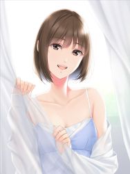 Rule 34 | 1girl, blue camisole, breasts, brown eyes, brown hair, camisole, cleavage, highres, long sleeves, looking at viewer, nayuta69, open clothes, open mouth, open shirt, original, shirt, small breasts, smile, solo, white curtains, white shirt