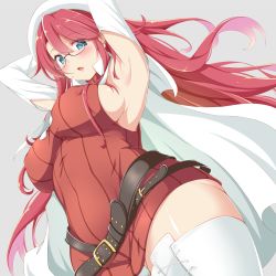 Rule 34 | 1girl, armpits, arms behind head, aty (summon night), belt, beret, black-framed eyewear, black belt, blue eyes, blush, breasts, cape, dou-t, glasses, grey background, hat, highres, large breasts, long hair, looking at viewer, open mouth, red hair, semi-rimless eyewear, sideboob, simple background, solo, summon night, summon night 3, thighhighs, under-rim eyewear, white cape, white hat, white thighhighs