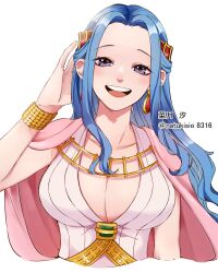 Rule 34 | 1girl, artist name, blue hair, blush, bracelet, cape, dress, earrings, hair ornament, highres, jewelry, long hair, looking at viewer, natsuki shio, nefertari vivi, one piece, open mouth, simple background, sleeveless, sleeveless dress, smile, solo, teeth, translation request, white background