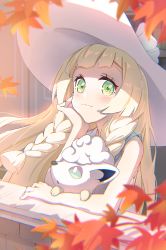 Rule 34 | 1girl, absurdres, alolan form, alolan vulpix, autumn leaves, blonde hair, blurry, blush, braid, closed mouth, collared dress, commentary request, creatures (company), dress, eyelashes, game freak, gen 7 pokemon, green eyes, hand up, hat, head rest, highres, lillie (pokemon), long hair, nintendo, pokemon, pokemon (creature), pokemon sm, samiou, sleeveless, sleeveless dress, sun hat, twin braids, white dress, white headwear
