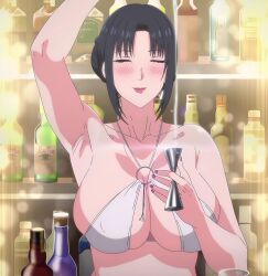 Rule 34 | 1girl, absurdres, bartender, bikini, black hair, blush, breasts, cleavage, closed eyes, cocktail glass, cup, drinking glass, earrings, highres, jewelry, large breasts, long hair, mature female, mole, mole under mouth, my mother the animation, nush (xter), ponytail, pouring, red lips, smile, solo, swimsuit, white bikini, xter, xtermination