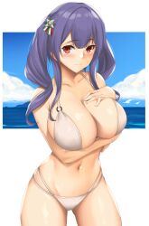 Rule 34 | 1girl, absurdres, arcie albano, arm under breasts, azur lane, bare arms, bare shoulders, bikini, blunt bangs, blush, breasts, cameltoe, cleavage, collarbone, commentary request, groin, hair ornament, halterneck, highres, italian flag, large breasts, long hair, multiple straps, navel, o-ring, o-ring bikini, pola (azur lane), purple hair, red eyes, sidelocks, simple background, skindentation, smile, solo, swimsuit, twintails, white background, white bikini