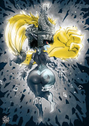 Rule 34 | 1girl, ass, bare back, black background, colored sclera, colored skin, demon girl, fang, floating, full body, glowing, glowing hair, helmet, highres, huge ass, legs, long hair, looking at viewer, looking back, midna, multicolored skin, nintendo, nude, open mouth, pointy ears, red eyes, shiny skin, shortstack, smile, soles, solo, the golden smurf, the legend of zelda, the legend of zelda: twilight princess, two-tone skin, yellow sclera