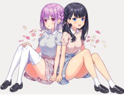 Rule 34 | 10s, 2girls, :d, :o, alternate costume, alternate hairstyle, ass, bare arms, bare legs, black footwear, black hair, blue eyes, blue ribbon, blue skirt, blush, braid, breasts, casual, collared shirt, commentary request, floral print, flower, grey background, gridman universe, hair ribbon, hand on own knee, knees up, kuroki (ma-na-tu), large breasts, light purple hair, loafers, long hair, looking at viewer, medium breasts, miniskirt, multiple girls, open mouth, parted lips, pink ribbon, pink shirt, pink skirt, pinky swear, red eyes, ribbon, shinjou akane, shirt, shirt tucked in, shoes, short hair, short sleeves, side-by-side, sidelocks, simple background, sitting, skirt, smile, socks, ssss.gridman, takarada rikka, thighhighs, white legwear, white shirt