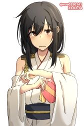 Rule 34 | 1girl, artist name, bare shoulders, black hair, blush, box, breasts, dated, detached sleeves, heart-shaped box, jewelry, kantai collection, large breasts, long hair, looking at viewer, m.a.o, nontraditional miko, one-hour drawing challenge, red eyes, ring, solo, valentine, wedding ring, yamashiro (kancolle)