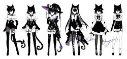 Rule 34 | 1girl, animal ears, bare shoulders, cat ears, cat tail, choker, commentary, dress, faceless, full body, hat, limited palette, long hair, off-shoulder dress, off shoulder, original, sheya, short dress, short sleeves, simple background, solo, standing, tail, white background, witch hat