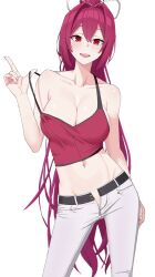 Rule 34 | 1girl, belt, black belt, breasts, cleavage, clothes lift, hair intakes, hair ribbon, highres, kuon bb, large breasts, lifted by self, midriff, navel, no bra, no panties, open fly, pants, partially unzipped, purple hair, ribbon, simple background, smile, solo, tank top, teasing, unbuttoned, under night in-birth, under night in-birth 2 sys:celes, unzipped, upper body, white background, white pants, yuzuriha (under night in-birth)