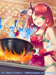 Rule 34 | 1girl, ;d, apron, bikini, cooking, copyright name, fingerless gloves, fire, floral print, flower, food, fried rice, gloves, green eyes, hair flower, hair ornament, highres, index finger raised, one eye closed, open mouth, print apron, red apron, red bikini, red gloves, red hair, sauce, serino itsuki, smile, solo, standing, striped bikini, striped clothes, swimsuit, white flower, z/x