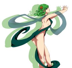 Rule 34 | 1girl, adapted costume, akino (gokosei), armpits, ass, backless dress, backless outfit, bare shoulders, breasts, closed mouth, cowboy shot, curly hair, dress, drop shadow, flower, from side, green dress, green eyes, green hair, hair flower, hair ornament, highres, kneepits, leaning forward, looking at viewer, matching hair/eyes, one-punch man, outstretched arms, pelvic curtain, profile, shawl, short hair, sideboob, sleeveless, sleeveless dress, small breasts, solo, tatsumaki, white background