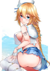 Rule 34 | 1girl, ass, bad id, bad pixiv id, bare shoulders, beret, blonde hair, blue eyes, blue skirt, blush, braid, breasts, choker, closed mouth, crop top, crop top overhang, fate/apocrypha, fate/grand order, fate (series), gloves, hat, highres, jeanne d&#039;arc (fate), jeanne d&#039;arc (mystery treasure) (fate), jeanne d&#039;arc (ruler) (fate), large breasts, leaning back, long hair, looking at viewer, looking back, midriff, mystery treasure, navel, sailor collar, sezok, sideboob, sitting, skirt, smile, thighhighs, thighs, twin braids, very long hair, white gloves, white thighhighs