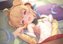 Rule 34 | 1girl, :o, ahoge, andira (granblue fantasy), animal ears, arm up, armpits, bare shoulders, blonde hair, blue ribbon, blush, breasts, cleavage, cleavage cutout, clothing cutout, detached sleeves, erune, fang, food, fruit, granblue fantasy, hair ribbon, hairband, kimblee, kotatsu, looking at viewer, lying, monkey ears, on back, open mouth, orange (fruit), orange eyes, orange slice, pillow, pov, ribbon, short hair, skin fang, small breasts, solo, table, two side up