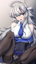 Rule 34 | 1girl, 547th sy, ahoge, bare shoulders, black pantyhose, blue neckwear, blue skirt, blush, breasts, grey eyes, headgear, highres, kantai collection, large breasts, long hair, one eye closed, open mouth, panties, panties under pantyhose, pantyhose, pleated skirt, simple background, sitting, skirt, solo, thighband pantyhose, underwear, wallpaper, washington (kancolle)