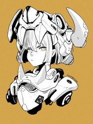 Rule 34 | 1girl, acky bright, animal ears, artist name, cloud print, engine, fake animal ears, fangs, highres, kanji, looking to the side, mecha musume, mechanical parts, monochrome, orange background, orange theme, original, portrait, pout, serious, short hair, solo, translation request