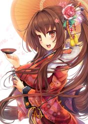 Rule 34 | 10s, 1girl, :d, alternate costume, bad id, bad pixiv id, bloom, blush, brown eyes, brown hair, cherry blossoms, cup, floral print, flower, from side, goushou, hair flower, hair ornament, hair stick, happy new year, japanese clothes, kantai collection, kimono, long hair, looking at viewer, looking to the side, matching hair/eyes, new year, obi, oil-paper umbrella, open mouth, ponytail, sakazuki, sash, sidelocks, smile, solo, umbrella, upper body, very long hair, yamato (kancolle)