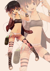 Rule 34 | 1girl, argyle, argyle clothes, argyle legwear, asymmetrical clothes, bad id, bad pixiv id, bikini tan, boots, bracelet, brown eyes, brown hair, cross-laced footwear, digital media player, flat chest, headphones, jacket, jewelry, navel, open mouth, original, panties, pink background, pink thighhighs, short hair, short shorts, shorts, simple background, smile, socks, solo, striped clothes, striped panties, striped socks, striped thighhighs, tan, tanline, thighhighs, toudou charo, tr, underwear, zoom layer