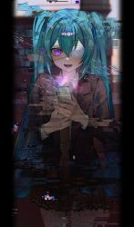 1girl absurdres alternate_eye_color aqua_hair black_jacket blue_hair blush brown_necktie cellphone collared_shirt dress_shirt eyepatch glitch hair_between_eyes hatsune_miku heart highres holding holding_phone jacket long_hair looking_at_viewer medical_eyepatch monitoring_(vocaloid) necktie onmoynn open_mouth phone pillarboxed pleated_skirt purple_eyes ringed_eyes shirt skirt smartphone smile solo straight-on twintails very_long_hair vocaloid white_shirt