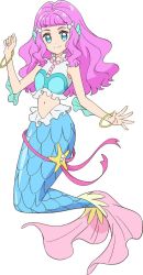 Rule 34 | 1girl, artist request, bare arms, blue eyes, bracelet, closed mouth, crop top, frills, full body, hair ornament, highres, jewelry, laura (precure), long hair, looking at viewer, mermaid, monster girl, official art, pink hair, pink ribbon, precure, ribbon, simple background, smile, solo, starfish, thick eyebrows, tropical-rouge! precure, wavy hair, white background