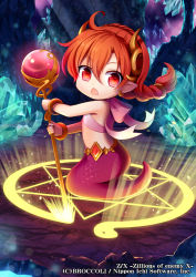 Rule 34 | 1girl, bracelet, braid, braided ponytail, cave, chibi, copyright name, crystal, earrings, fang, hair between eyes, hair ornament, holding, holding staff, horns, jewelry, lamia, long hair, looking at viewer, monster girl, official art, pointy ears, red eyes, red hair, ribbon, ronce, solo, staff, z/x