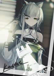Rule 34 | 1girl, absurdres, animal ears, arknights, artist name, asymmetrical hair, bare shoulders, closed mouth, collarbone, expressionless, female focus, green eyes, grey hair, hand up, highres, kal&#039;tsit (arknights), looking at viewer, mienthoa, photo (object), short hair with long locks, solo