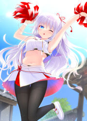 1girl :o absurdres adapted_costume alternate_hairstyle armpits arms_up black_pantyhose blouse blue_eyes blue_sky blurry blurry_background blush cheering cheerleader commentary_request cropped_shirt curvy floating_hair flower_knot hair_between_eyes hair_ornament highres long_hair looking_at_viewer naruse_shiroha navel one_eye_closed open_mouth otou_(otou_san) outdoors outstretched_arm pantyhose pom_pom_(cheerleading) ponytail ribbon shirt skirt sky sleeveless sleeveless_shirt solo sparkle standing standing_on_one_leg stomach summer_pockets tassel tassel_hair_ornament teeth textless_version thigh_gap thighband_pantyhose two-sided_fabric two-sided_skirt upper_teeth_only very_long_hair white_footwear white_hair white_shirt white_skirt wind wind_lift