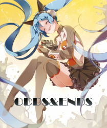 Rule 34 | 1girl, blue hair, boots, closed eyes, floating hair, hatsune miku, headphones, long hair, odds &amp; ends (vocaloid), open mouth, project diva (series), project diva f, robot, skirt, solo, thigh boots, thighhighs, twintails, umiko (munemiu), very long hair, vocaloid