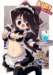 Rule 34 | 2girls, :d, alice margatroid, alternate costume, apron, bikini, bikini top only, black bikini, black bow, black bowtie, black eyes, black footwear, black skirt, black sleeves, black thighhighs, blonde hair, blue eyes, blush, bow, bowtie, breasts, brown hair, bubble tea, cherry, cho cola star, cleavage, cocktail, commentary request, cookie (touhou), cup, detached sleeves, food, foot out of frame, frilled hair tubes, frills, front-tie bikini top, front-tie top, fruit, hair bow, hair tubes, hairband, hakurei reimu, highres, holding, holding tray, ichigo (cookie), indoors, long hair, looking at viewer, maid, maid bikini, maid cafe, maid headdress, medium bangs, multiple girls, navel, noel (cookie), open mouth, puffy detached sleeves, puffy sleeves, red bow, red hairband, shoes, skirt, small breasts, smile, solo focus, swimsuit, thighhighs, touhou, tray, unconventional maid, waist apron, white apron, wrist cuffs