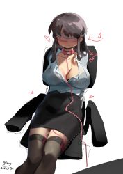 Rule 34 | 1girl, black skirt, blindfold, blush, bra visible through clothes, breasts, chair, cleavage, collar, formal, heart, highres, lanter qwq, large breasts, office chair, office lady, original, pencil skirt, sex toy, shirt, shirt tucked in, sitting, skirt, solo, swivel chair, vibrator, vibrator under clothes, white background, white shirt