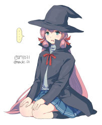 Rule 34 | ..., 1girl, akashi (kancolle), alternate costume, black coat, black hat, black socks, blue skirt, coat, commentary, dated, drooling, full body, green eyes, hair ribbon, halloween, halloween costume, hands on own knees, hat, kantai collection, kneehighs, long sleeves, looking at viewer, nacht (nacht 01), open mouth, pink hair, pleated skirt, red ribbon, ribbon, seiza, simple background, sitting, skirt, socks, solo, speech bubble, spoken ellipsis, striped, tress ribbon, twitter username, vertical stripes, white background, witch hat