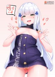 Rule 34 | 1girl, :d, bandaid, bandaid on pussy, bandaids on nipples, bare arms, bare shoulders, blue dress, blush, breasts, commentary, donedone, dress, facial mark, female focus, from below, girls&#039; frontline, gluteal fold, gradient background, green eyes, hair ornament, hands up, heart, hk416 (girls&#039; frontline), long hair, looking at viewer, looking down, medium breasts, nipples, no bra, no panties, open mouth, partially visible vulva, pasties, pink background, silver hair, smile, solo, spoken heart, strapless, strapless dress, turtleneck, very long hair, watermark, web address, white background
