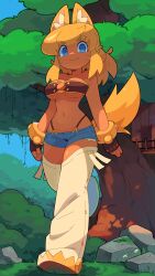 Rule 34 | 1girl, absurdres, animal ears, bacun, blonde hair, blue shorts, breasts, brown gloves, cleavage, closed mouth, dark-skinned female, dark skin, day, denim, denim shorts, fang, fang out, gloves, highres, large breasts, liru, looking at viewer, medium hair, micro shorts, midriff, navel, outdoors, renkin san-kyuu magical pokaan, shorts, smile, solo, tail, thong, wolf ears, wolf girl, wolf tail