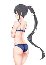Rule 34 | 1girl, ass, bad id, bad pixiv id, black hair, blue bra, blue panties, blush, bra, breasts, closed mouth, highres, kantai collection, lingerie, long hair, looking at viewer, medium breasts, nn tasu, panties, ponytail, red eyes, simple background, solo, underwear, white background, yahagi (kancolle)
