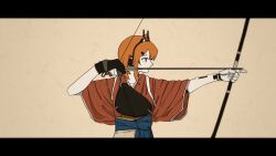 Rule 34 | 1girl, a.i. voice, adachi rei, aiming, alternate costume, android, archery, arrow (projectile), blue hakama, bow (weapon), brown background, closed mouth, drawing bow, gloves, hakama, headlamp, headphones, highres, holding, holding arrow, holding bow (weapon), holding weapon, index finger raised, japanese clothes, joints, kaniebiuni, kimono, kyuudou, letterboxed, looking to the side, mani mani (vocaloid), medium hair, muneate, orange eyes, orange hair, partially fingerless gloves, partly fingerless gloves, profile, radio antenna, red kimono, robot joints, serious, short sleeves, single glove, solo, tasuki, upper body, utau, weapon, yugake, yumi (bow)