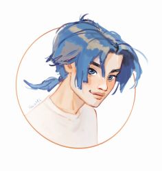 Rule 34 | 1boy, artist name, blouse, blue-haired boy (how to draw manga), blue eyes, blue hair, blush, closed mouth, derivative work, hair intakes, hair tie, happy, highres, how to draw manga, how to draw manga redraw challenge (meme), light blush, looking at viewer, male focus, matching hair/eyes, medium hair, meme, ponytail, shirt, signature, simple background, sketch, smile, solo, tasiams, upper body, white background, white shirt