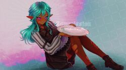 Rule 34 | apron, artist name, astrael yearly, boots, bow, bowtie, commission, commissioner upload, dark-skinned female, dark skin, elf, green eyes, heterochromia, maid apron, on floor, plate, pointy ears, simple background, torn clothes