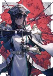 Rule 34 | 3boys, 3girls, armor, barbed wire, belt, black hair, closed eyes, closed mouth, gauntlets, hair between eyes, hat, highres, holding, holding weapon, long hair, looking at viewer, mephisto (angraecum), multiple boys, multiple girls, official art, open mouth, original, rapier, red eyes, spiked hair, sword, weapon