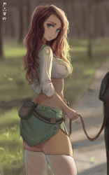 Rule 34 | 1girl, absurdres, aqua eyes, belt pouch, blurry, blurry background, chinese commentary, commentary request, cowboy shot, durin (liangzi tai hongcha), forest, from behind, green skirt, highres, liangzi tai hongcha, long hair, looking at viewer, looking back, nature, original, outdoors, parted lips, pouch, red hair, skindentation, skirt, solo, thighhighs, white thighhighs