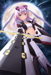 Rule 34 | 1girl, alice gear aegis, blush, breasts, closed mouth, collarbone, commentary request, eyelashes, gloves, hair between eyes, highres, hirasaka yotsuyu, holding, holding sword, holding weapon, jacket, long hair, looking at viewer, mimikaki (men bow), navel, pink hair, purple eyes, smile, solo, sword, weapon