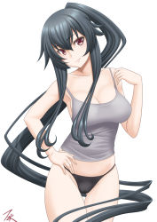 Rule 34 | 1girl, alternate costume, black hair, black panties, breasts, camisole, cleavage, cowboy shot, grey camisole, highres, kantai collection, large breasts, long hair, looking at viewer, panties, ponytail, red eyes, sidelocks, simple background, smile, solo, standing, t2r, underwear, white background, yahagi (kancolle)