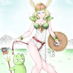 Rule 34 | 1girl, armor, axe, between legs, black eyes, blonde hair, blue eyes, blue sky, breasts, brown headwear, caveman, character request, chibi, chibi inset, cleavage, closed mouth, cloud, collarbone, covered navel, day, dress, flying sweatdrops, grass, groin, have to pee, helmet, holding, japanese text, knees together feet apart, krino sandra, long hair, looking at another, looking down, looking up, medium breasts, mountain, no panties, outdoors, polearm, raised eyebrow, shield, shoulder armor, side slit, sky, solo focus, speech bubble, standing, toudo no kaeru, translation request, trembling, trident, valkyrie (vnd), valkyrie no densetsu, weapon, white dress, winged helmet, wristband